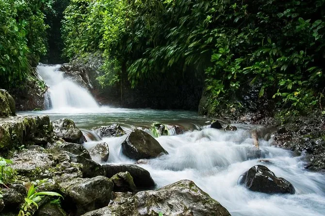 Canopy suspension bridge and waterfall pool at Rainmaker Park, Costa Rica